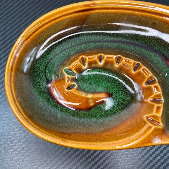 Mid Century Modern Ceramic Ashtray Made in Japan Swirl Design Green Brown - Picture 3 of 10